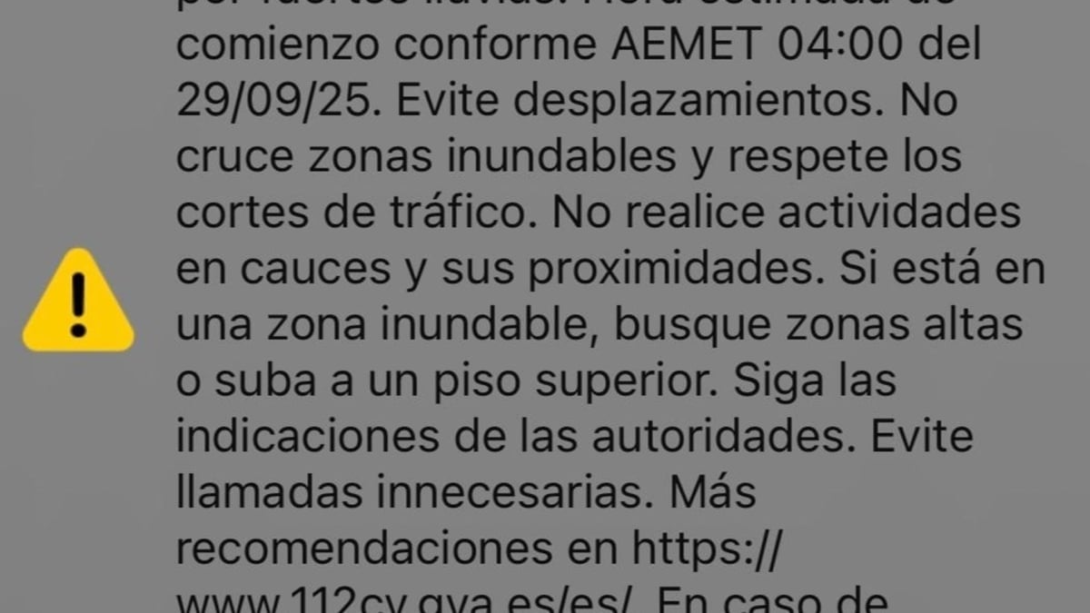 Texto del mensaje de alerta de la Generalitat Valenciana.