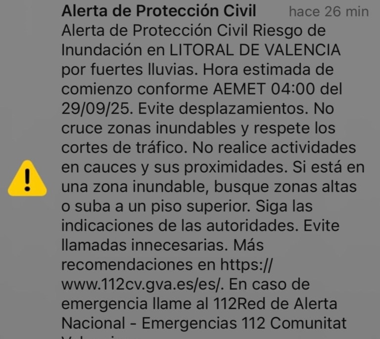La Generalitat Valenciana envía una alerta a los móviles ante el aviso rojo por lluvias