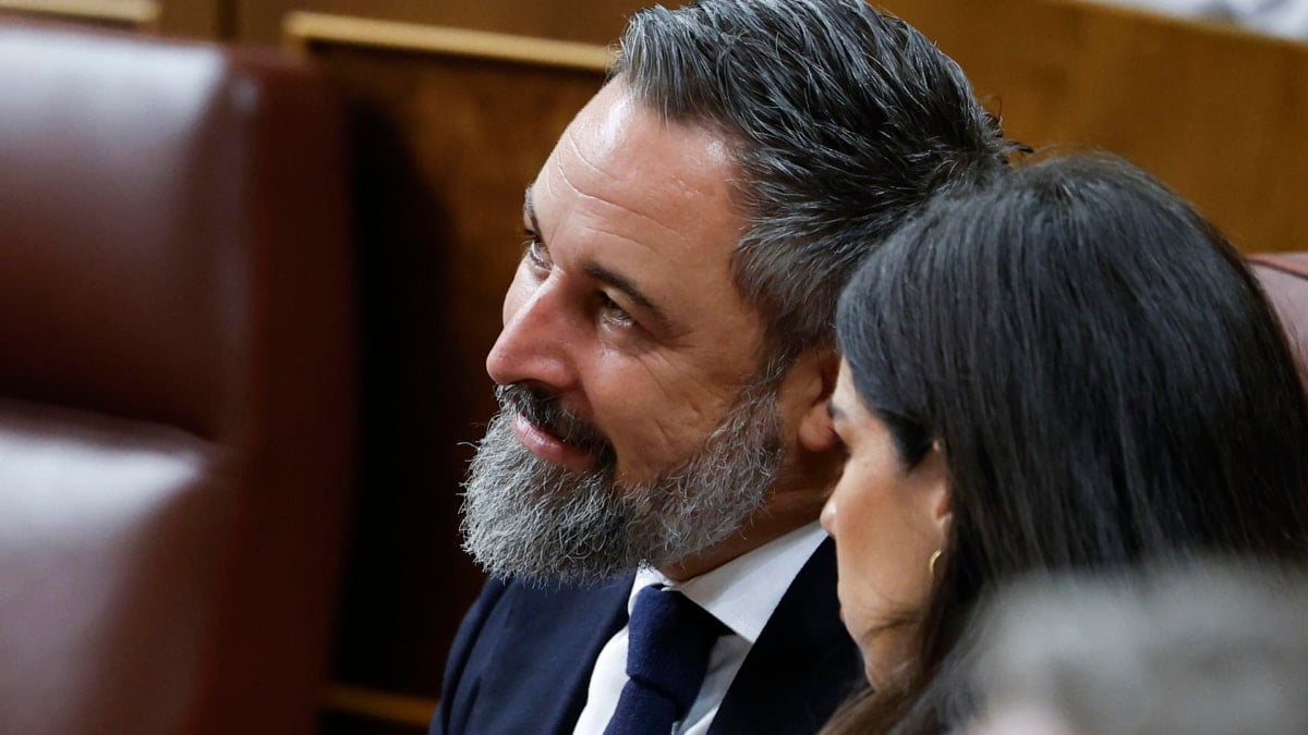 El presidente de Vox, Santiago Abascal, en su escaño en el Congreso durante el pleno de este miércoles
