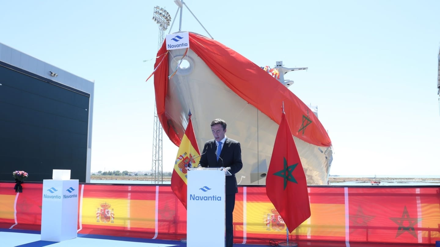 Ricardo Domínguez, presidente de Navantia, durante la celebración de la botadura del patrullero para la Marina real Marroquí en mayo de 2025