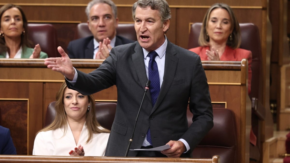 El presidente del Partido Popular, Alberto Núñez Feijóo, interviene durante una sesión de Control al Gobierno, en el Congreso de los Diputados, a 7 de octubre de 2025, en Madrid (España). El pleno del Congreso vota hoy el embargo de armas a Israel después de que se debatiera ayer en el pleno de la tarde. La votación fue atrasada por la Junta de Portavoces para que la convalidación del decreto ley no coincida con el segundo aniversario de los ataques de Hamás del 7 de octubre de 2023 en Israel que dieron lugar a la actual ofensiva sobre Gaza. Eduardo Parra / Europa Press 08/10/2025