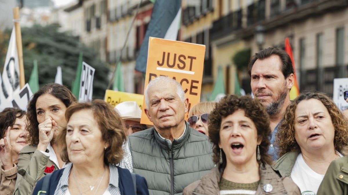 Reyes Maroto, Josep Borrell y Óscar Puente, en la segunda fila de la manifestación.