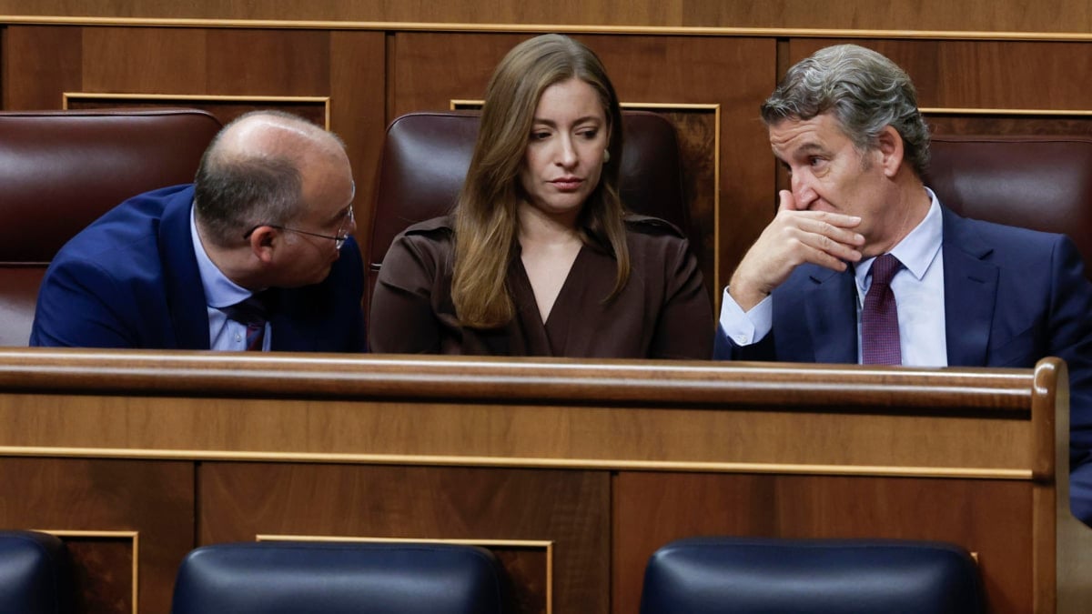 El presidente del PP, Alberto Núñez Feijóo, este miércoles durante el control al Gobierno, junto a su portavoz parlamentaria, Ester Muñoz, y el secretario general del PP, Miguel Tellado
