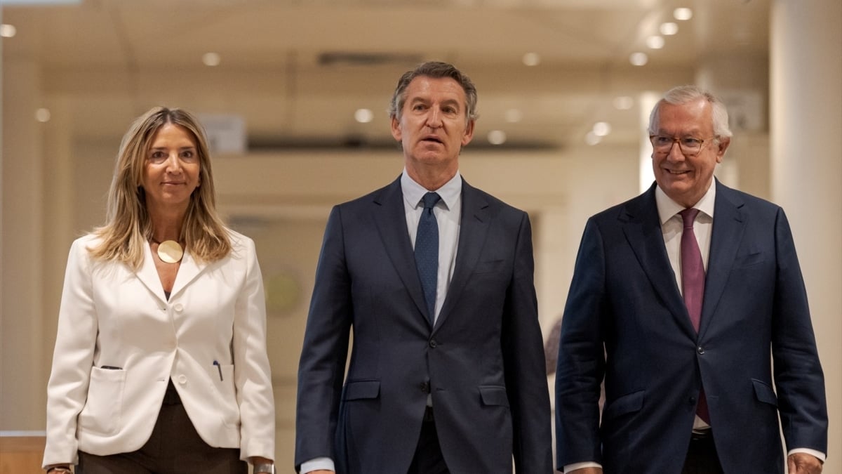El presidente del Partido Popular, Alberto Núñez Feijóo (c), a su llegada a la clausura de unas jornadas en el Senado, este martes