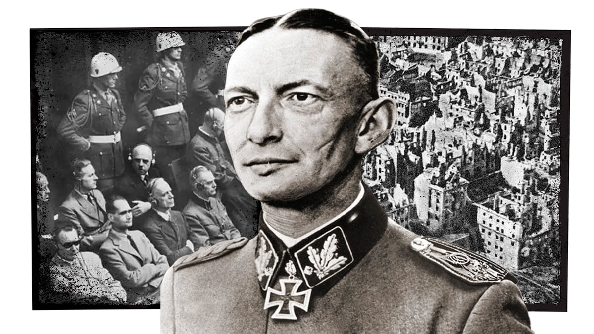 Heinz Reinefahrt, en el centro, con una imagen del juicio de Núremberg y de Varsovia devastada tras la II Guerra Mundial.