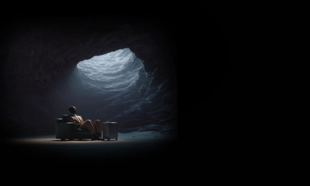 Hombre sentado en una cueva