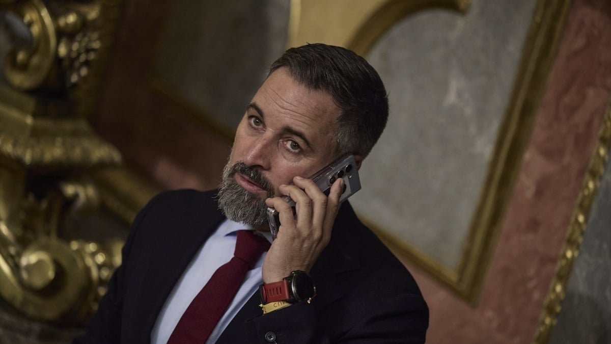 El presidente de Vox, Santiago Abascal, conversa por teléfono en las inmediaciones del hemiciclo del Congreso de los Diputados