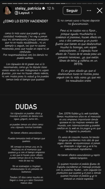 Historia de Instagram de Patricia Steisy hablando de su cambio físico