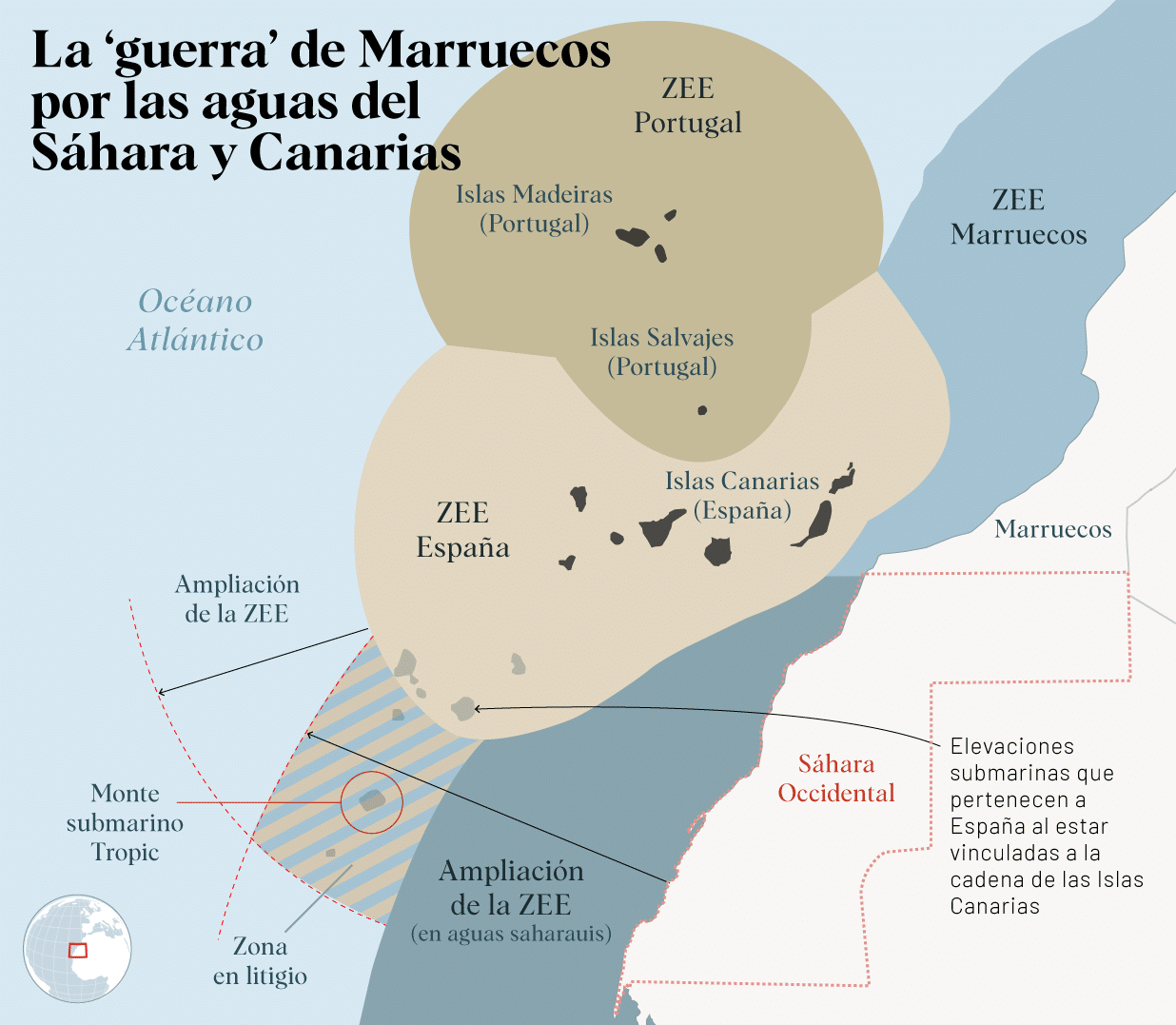 Mapa de la guerra de Marruecos por las aguas de Canarias y el Sáhara Occidental