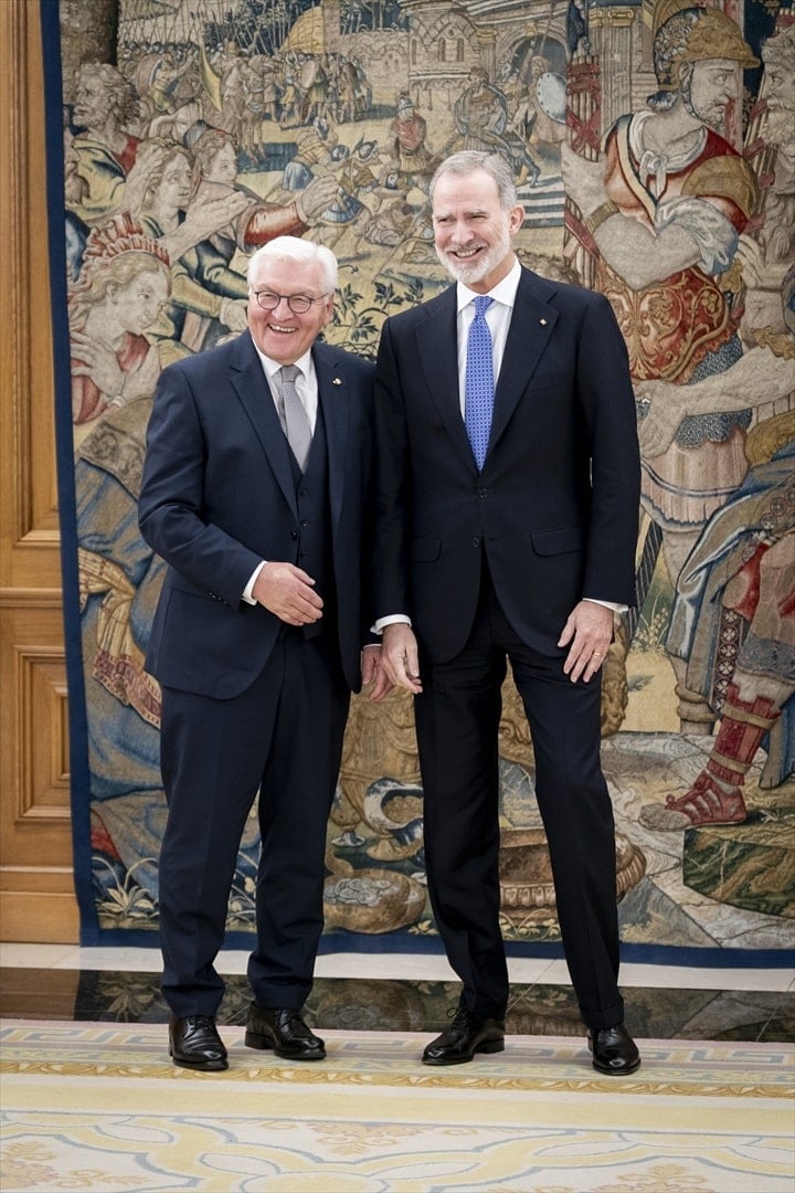 El Rey Felipe VI (d) asiste al encuentro con el presidente de la República Federal de Alemania, Frank-Walter Steinmeier (i), en el Palacio de La Zarzuela, a 26 de noviembre de 2025, en Madrid (España). El presidente alemán, Frank Walter Steinmeier, inicia este miércoles su primera visita de Estado a España en la que incluirá encuentros con el rey Felipe VI y el presidente del Gobierno, y un desplazamiento al País Vasco para homenajear a las víctimas del bombardeo nazi en Gernika durante la Guerra Civil. A. Pérez Meca / Europa Press 26 NOVIEMBRE 2025;VISITA OFICIAL 26/11/2025