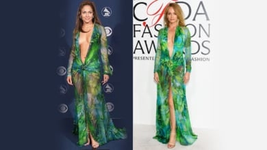 Amber Valletta luce el icónico vestido verde de Versace que Jennifer Lopez inmortalizó hace 25 años