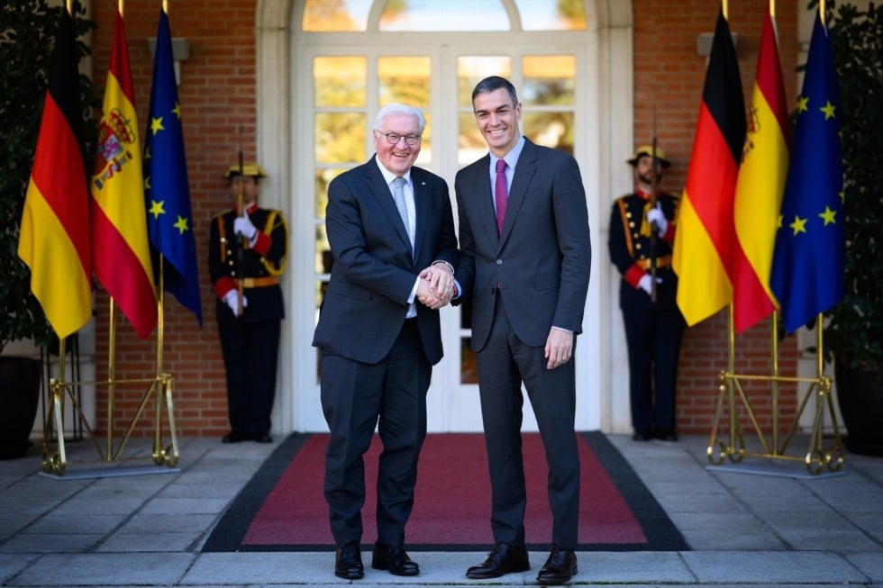 27 November 2025, Spain, Madrid: German President Frank-Walter Steinmeier (L) is welcomed by Spain's Prime Minister Pedro Sanchez at the Prime Minister's official residence. Photo: Bernd von Jutrczenka/dpa 27/11/2025 ONLY FOR USE IN SPAIN