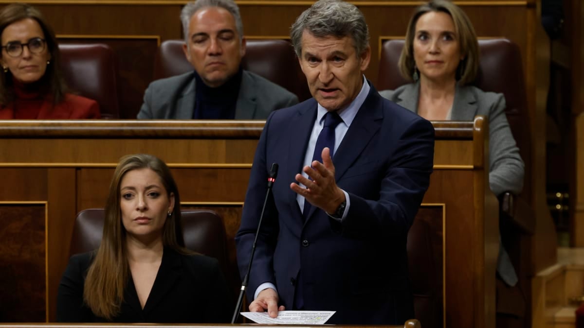 MADRID, 10/12/2025.- El líder del Partido Popular, Alberto Núñez-Feijóo, interviene durante la sesión de control en el Congreso de los Diputados, este miércoles. Última sesión de control del año en el pleno del Congreso, que servirá para que el presidente del Gobierno, Pedro Sánchez, haga balance del ejercicio a preguntas de Alberto Núñez Feijóo, Santiago Abascal y Gabriel Rufián, en un ambiente que sigue crispado por la corrupción, el caso Salazar y la condena al anterior fiscal general. EFE/ J.J. Guillén