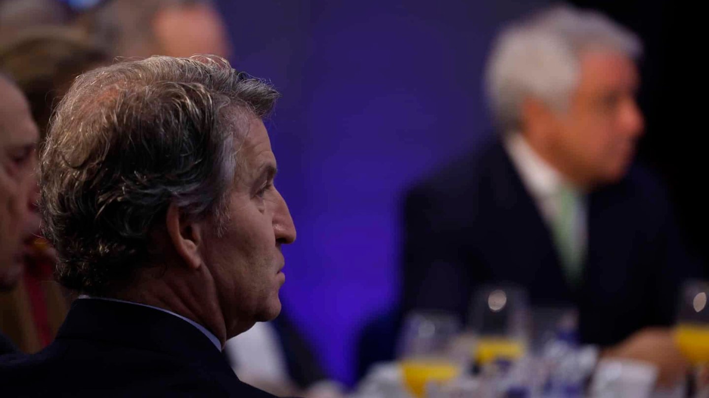 El presidente del PP, Alberto Núñez Feijóo, este martes en un desayuno informativo en Madrid