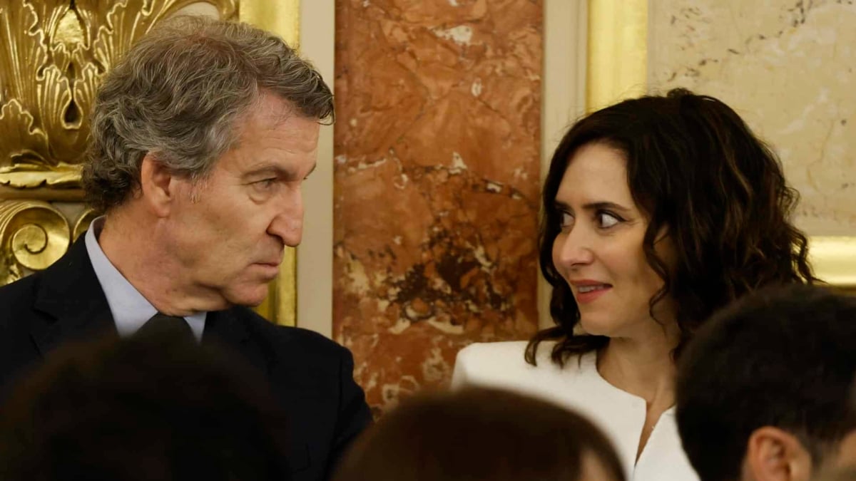 El presidente del PP, Alberto Núñez Feijóo, y la presidenta del PP de Madrid y la Comunidad de Madrid, Isabel Díaz Ayuso, durante el acto de conmemoración de la Constitución, este sábado 6 de diciembre en el Congreso