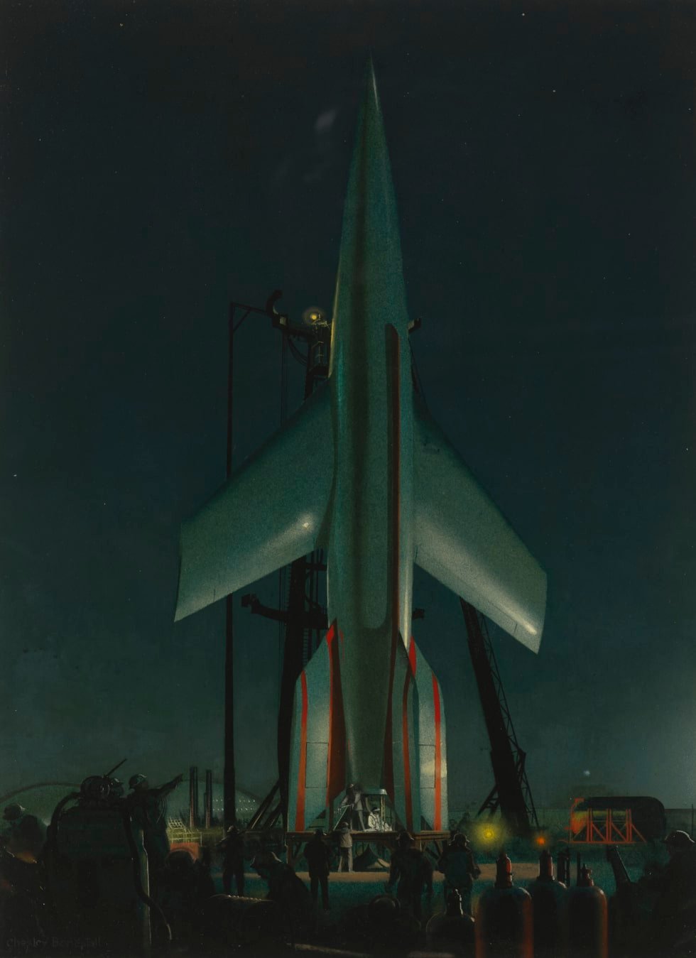 Este cohete a punto de despegar fue pintado por Bonestell en 1949 para la revista 'Conquest of Space'.