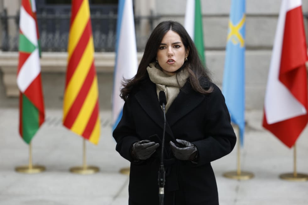 MADRID, 06/12/2025.- La portavoz de Vox en el Congreso, Pepa Millán, hace una declaración a la prensa tras el acto de izado de la bandera celebrado en el marco del acto institucional por el Día de la Constitución, este sábado, en Madrid. EFE/Chema Moya
