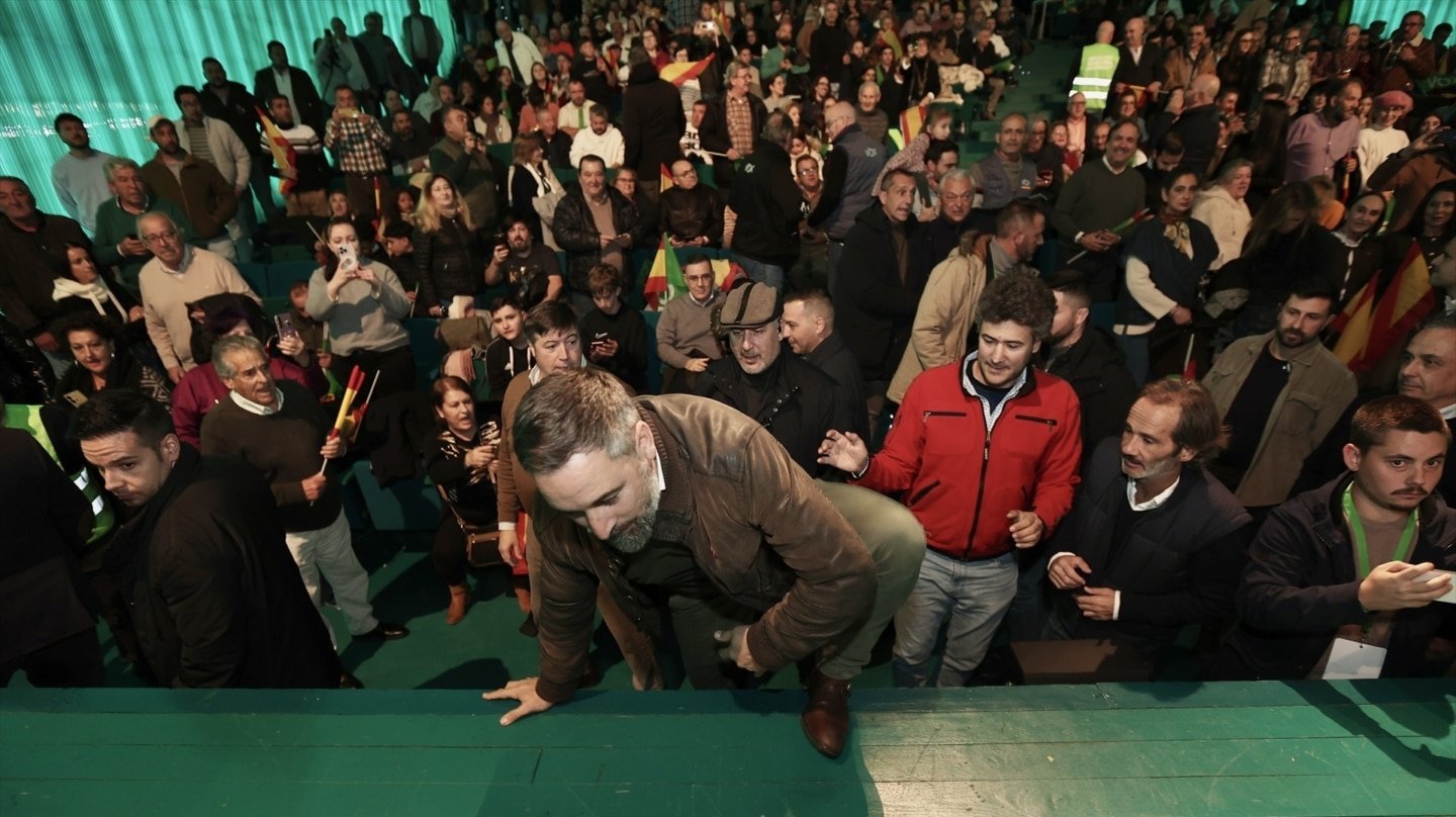 Santiago Abascal durante el mitin de Vox en Villanueva de la Serena (Badajoz), este martes