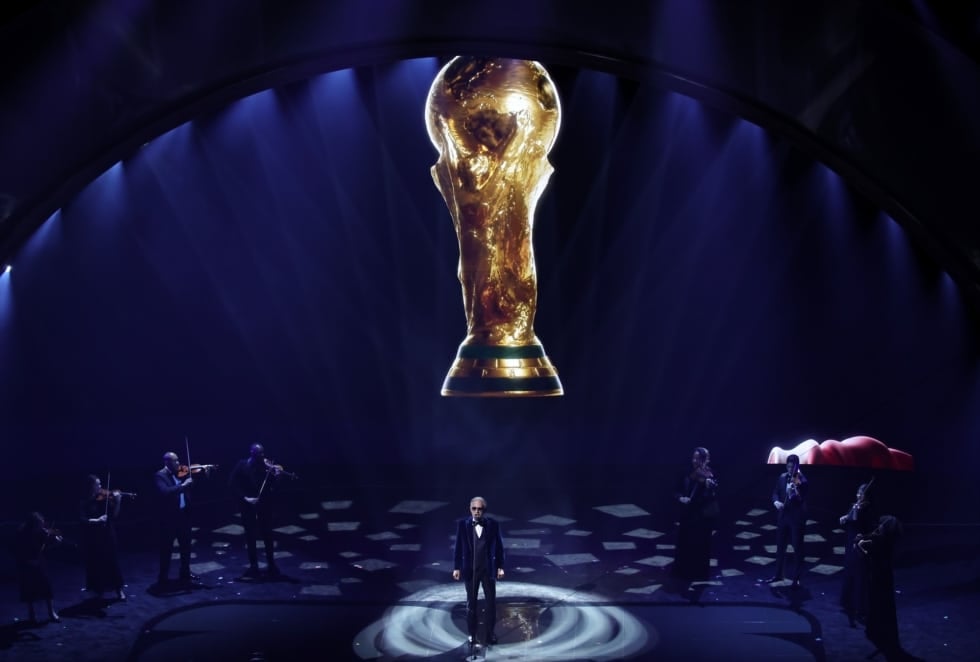 04 December 2025, US, Washington: Italian tenor Andrea Bocelli performs during the 2026 FIFA World Cup draw at the John F. Kennedy Center for the Performing Arts in Washington. Photo: 04/12/2025 ONLY FOR USE IN SPAIN