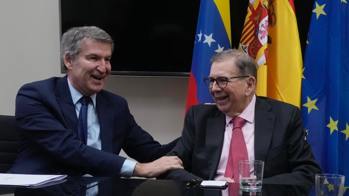 El presidente del PP, Alberto Núñez Feijóo, en un encuentro este jueves con el presidente electo de Venezuela, Edmundo González, antes de la comparecencia de Albares sobre la situación venezolana