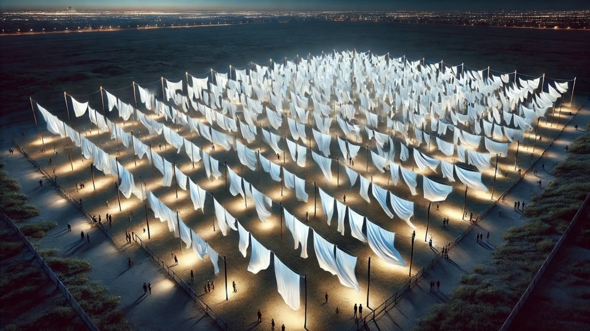 Imagen del proyecto de Paisajes Tendidos, la instalación creada por Luzinterruptus para LuzMadrid 2026 en la Explanada Negra de Matadero Madrid.