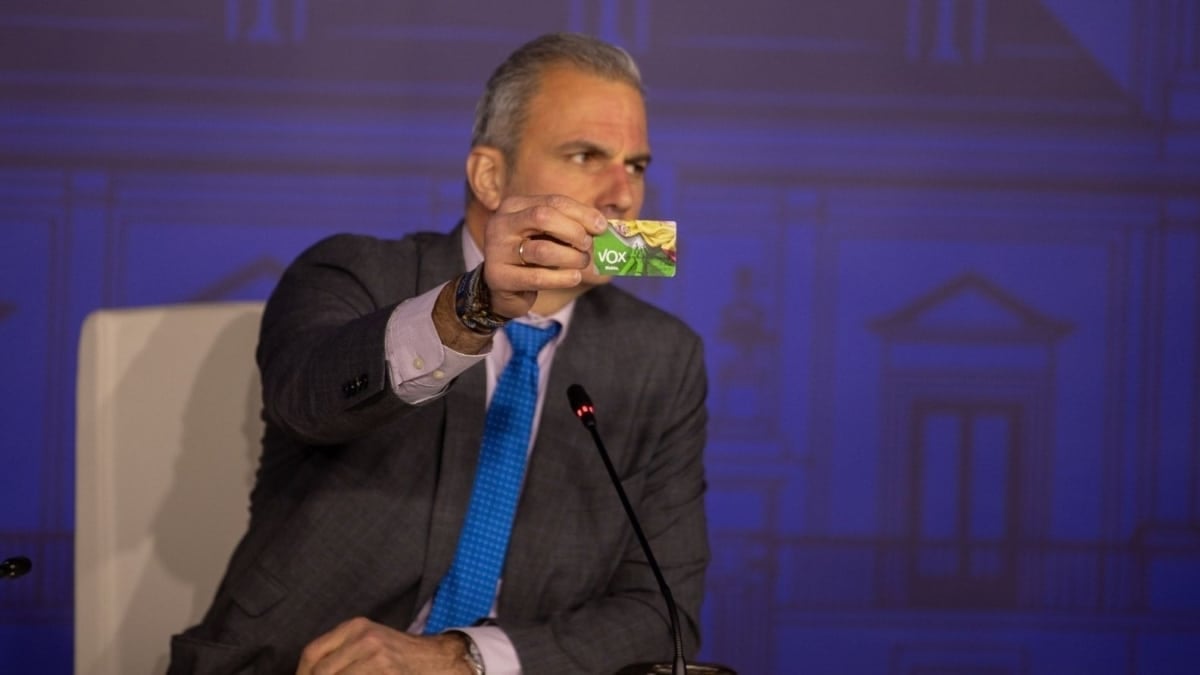 El portavoz de Vox en el Ayuntamiento de Madrid, Javier Ortega Smith, este lunes en una rueda de prensa desde el Palacio de Cibeles