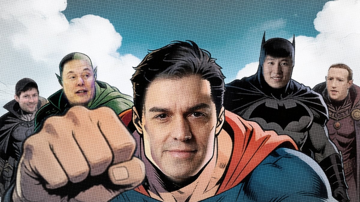 Pedro Sánchez como superhéroe contra los tecnoligarcas