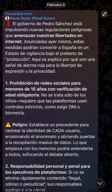 Parte del mensaje enviado a los usuarios de Telegram por Pavel Durov