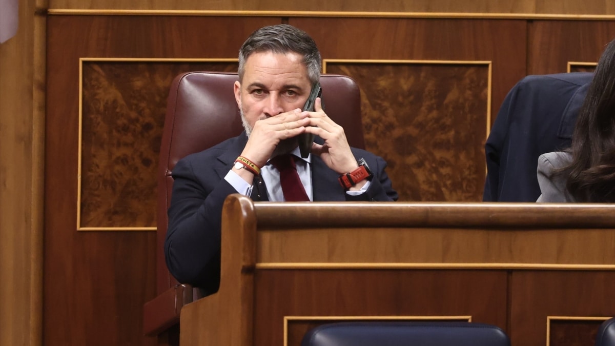 El presidente de Vox, Santiago Abascal, habla por teléfono en su escaño del Congreso