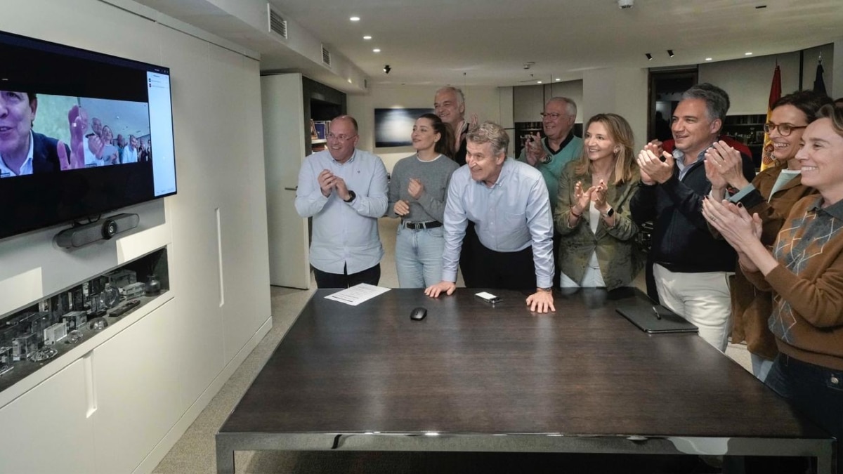 Feijóo, junto a miembros de su comité ejecutivo, felicitan a Mañueco por vídeoconferencia