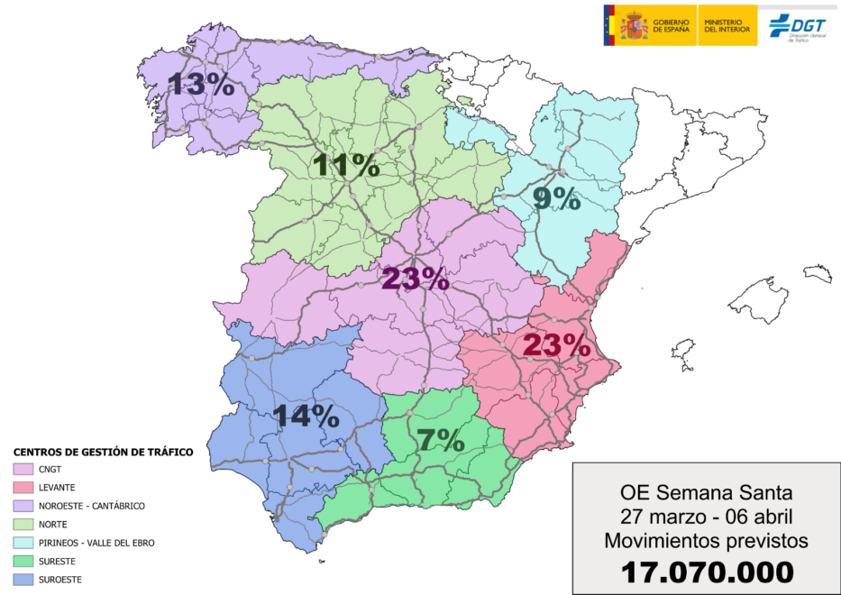 Mapa de densidad de tráfico de la DGT para Semana Santa 2026.