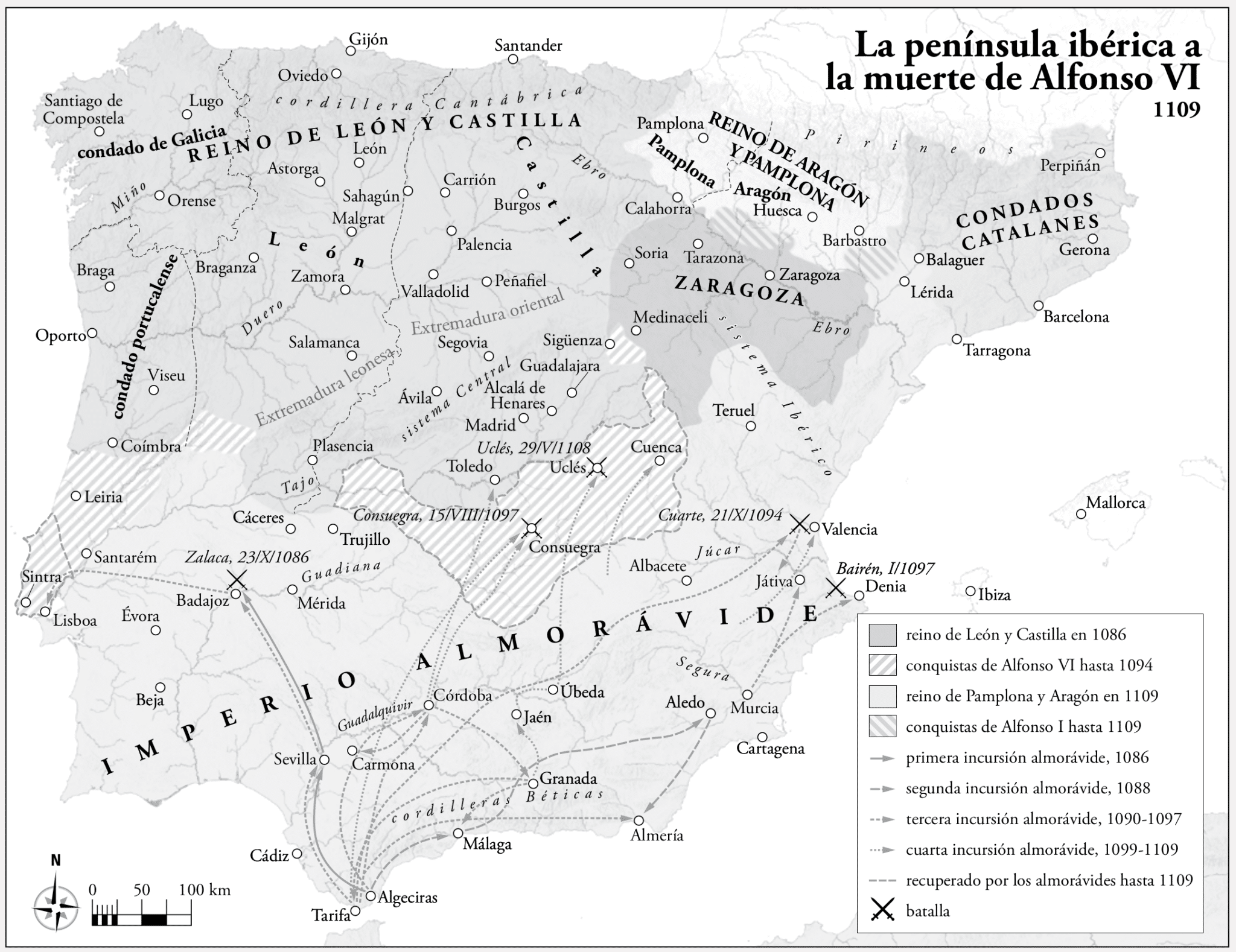 Mapa de la Península cuando Urraca I accedió al trono de León.