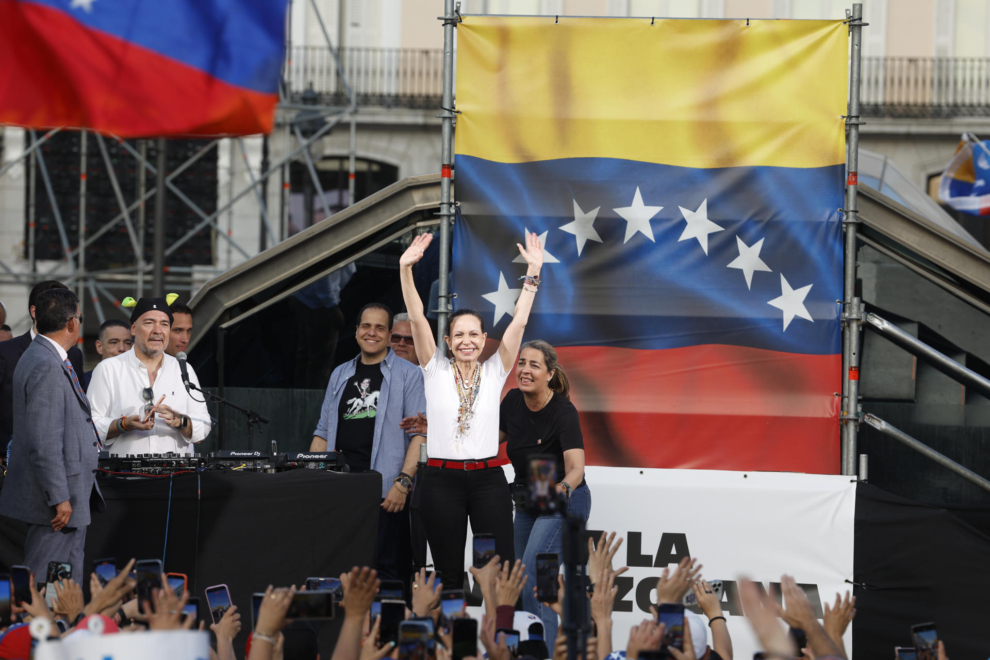 La líder opositora venezolana María Corina Machado en la Puerta del Sol