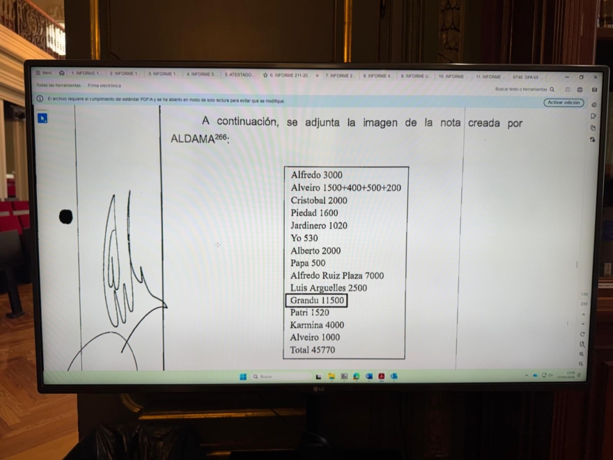 Informe de la UCO que recoge la anotación de Aldama de un pago de 11.500 euros a 'Grandu'.