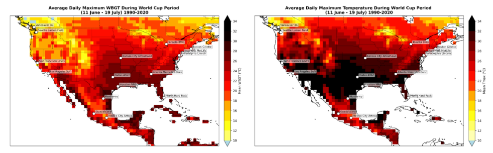 Medias de WBGT y de temperaturas máximas en EEUU entre el 11 de junio y el 19 de julio entre 1990-2020.
