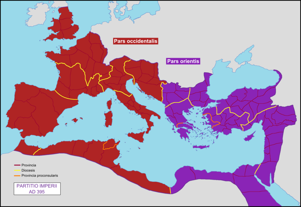 Mapa del Imperio romano en el momento de su división definitiva (395 d.C.)
