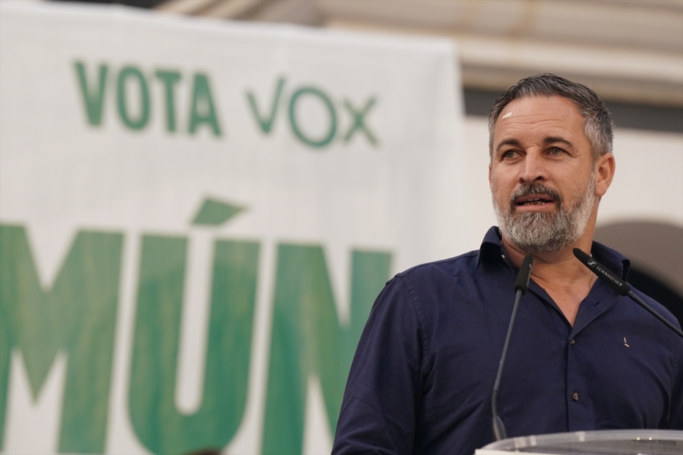 El presidente de Vox, Santiago Abascal, durante un mitin de campaña andaluza en Marbella (Málaga)