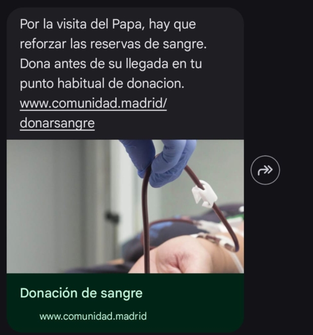 Mensaje enviado por la Comunidad de Madrid solicitando donativos de sangre para la visita del Papa