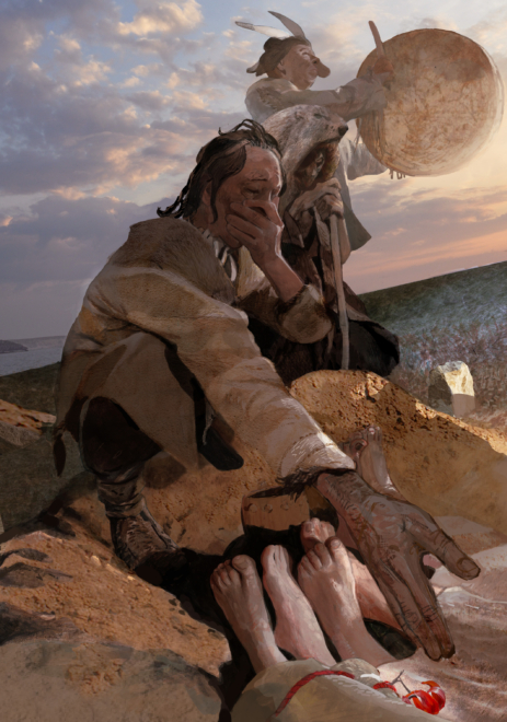 Reconstrucción artística de cazadores-recolectores del lago Baikal de hace 5500 años enterrando a las víctimas de la peste.