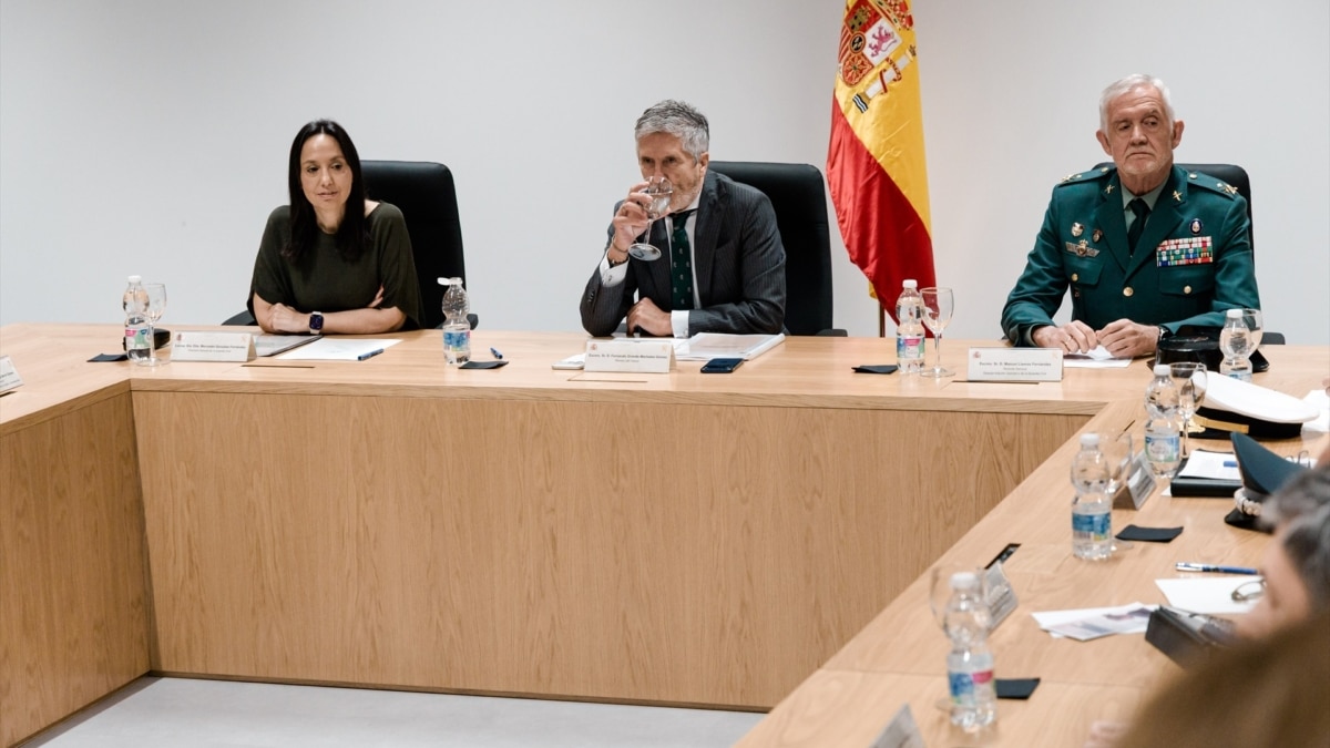 (I-D) La directora general de la Guardia Civil, Mercedes González; el ministro del Interior, Fernando Grande-Marlaska, y el DAO de la Guardia Civil, Manuel Llamas, durante una rueda de prensa