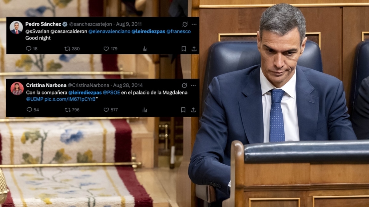 El presidente del Gobierno, Pedro Sánchez en un montaje junto a algunos de los tuits que vinculan al PSOE con Leire Díez