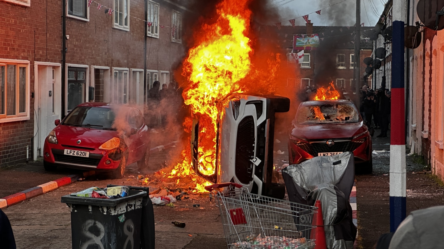 Vehículos arden en Lendrick Street en Belfast tras los disturbios provocados por ultras racistas.