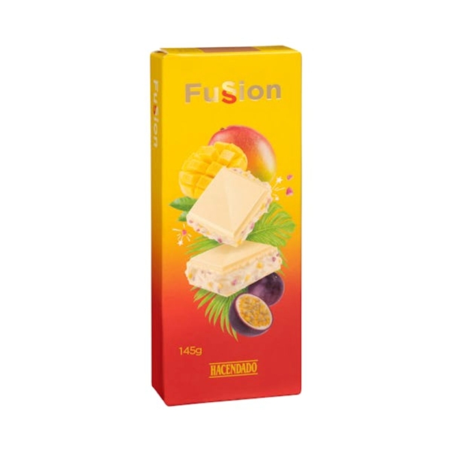 Tableta de Chocolate blanco Fussion Hacendado relleno de mango y crujiente sabor a maracuyá y caramelo