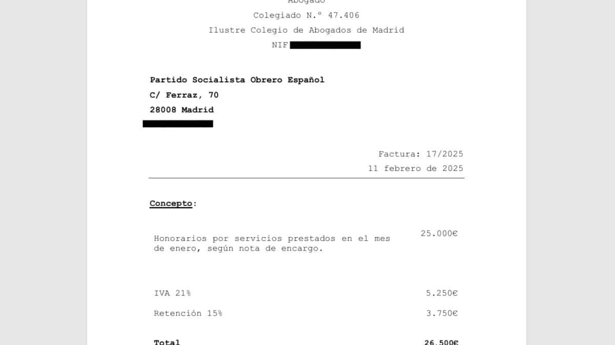 Factura del abogado Jacobo Teijelo con cargo al PSOE de febrero de 2025.