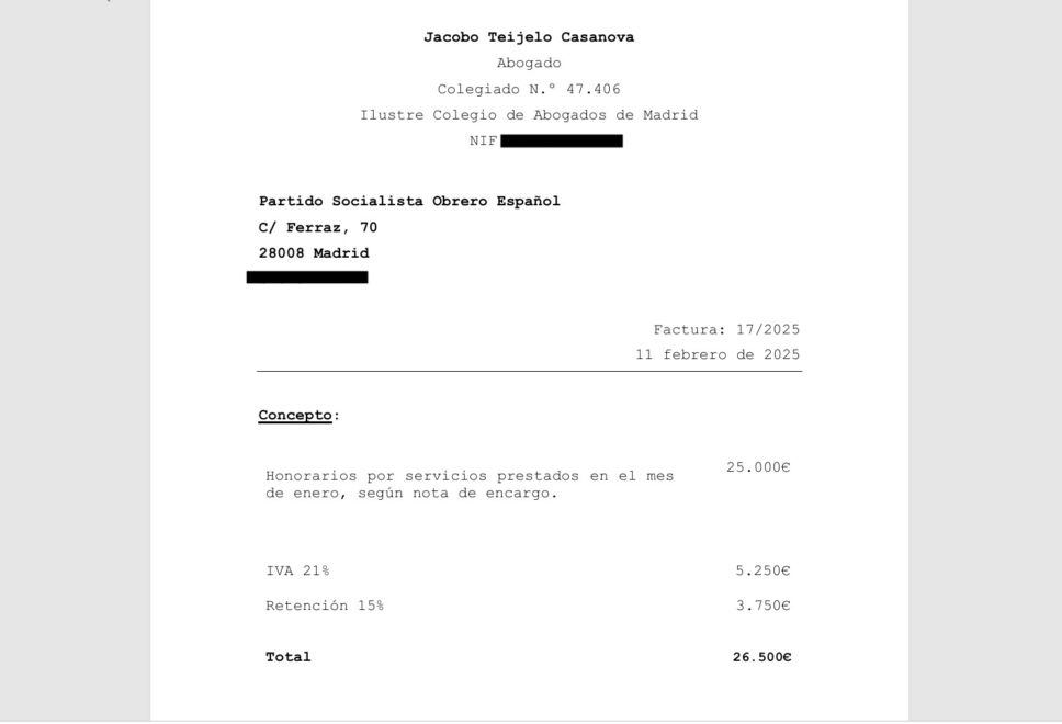 Factura del abogado Jacobo Teijelo con cargo al PSOE de febrero de 2025.