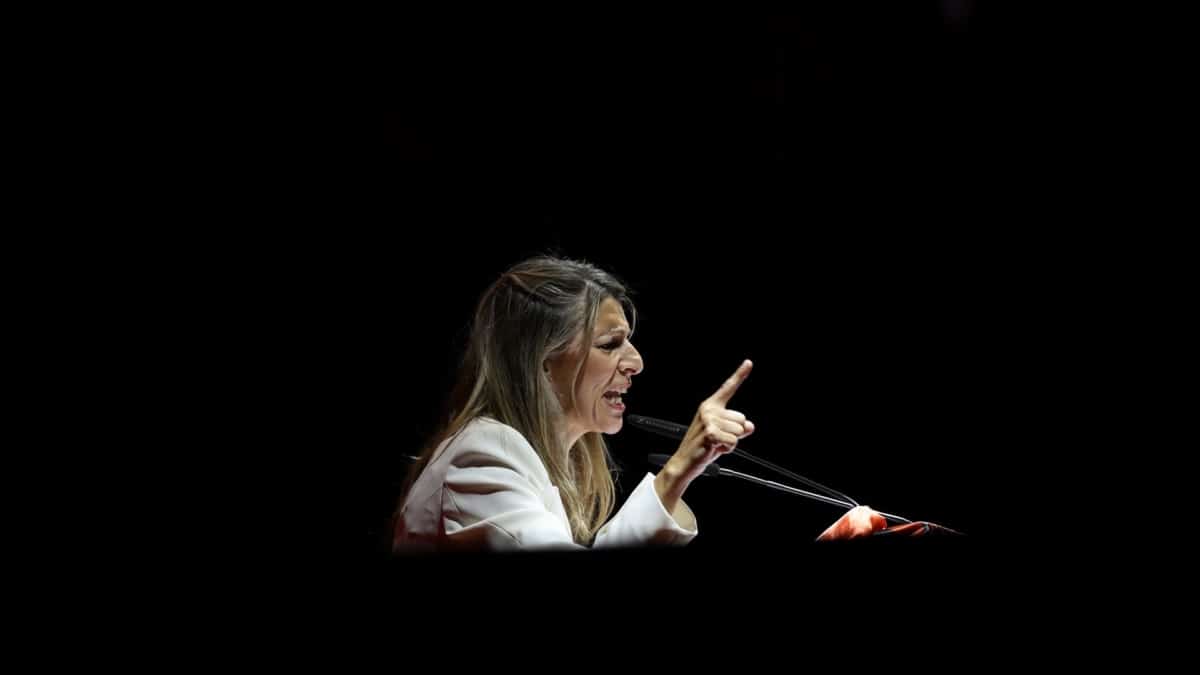 La vicepresidenta segunda del Gobierno y ministra de Trabajo, Yolanda Díaz, durante un acto de sindicatos europeos en Vistalegre, junto a CCOO y UGT, el 18 de junio en Madrid