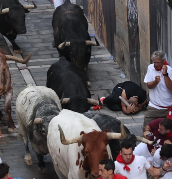Un corneado por un toro de Cebada Gago en el segundo encierro [...]