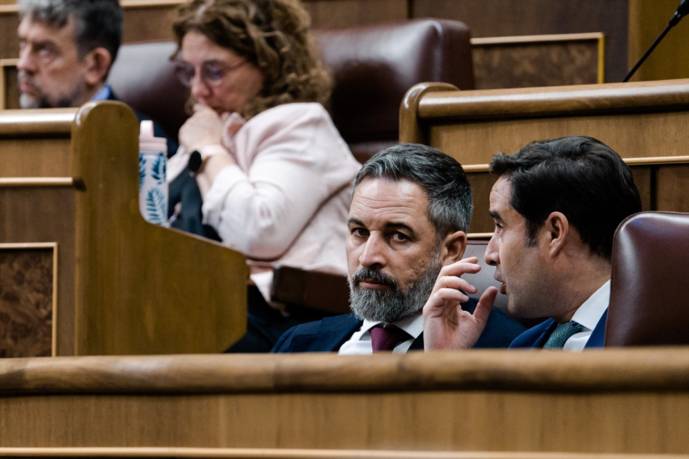 El presidente de Vox, Santiago Abascal (i), y el diputado de Vox Ignacio Hoces (d) durante una sesión plenaria extraordinaria, en el Congreso