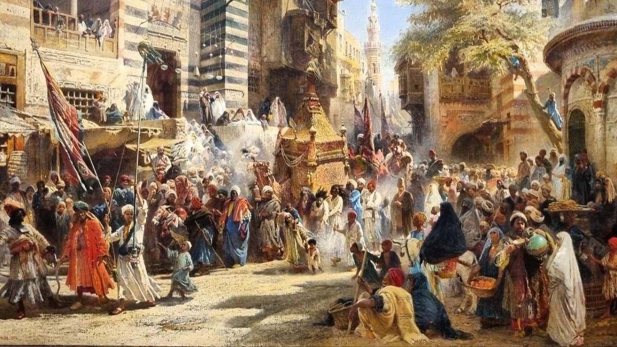 Konstantin Makovsky — Traslado de la alfombra sagrada del profeta Mahoma en El Cairo (versión I, 1875)