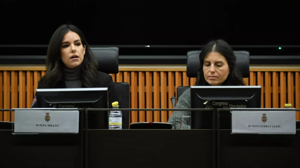 La portavoz de Vox en el Congreso, Pepa Millán, y la adjunta a la secretaría general del partido, Montserrat Lluís, durante unas jornadas en el Congreso